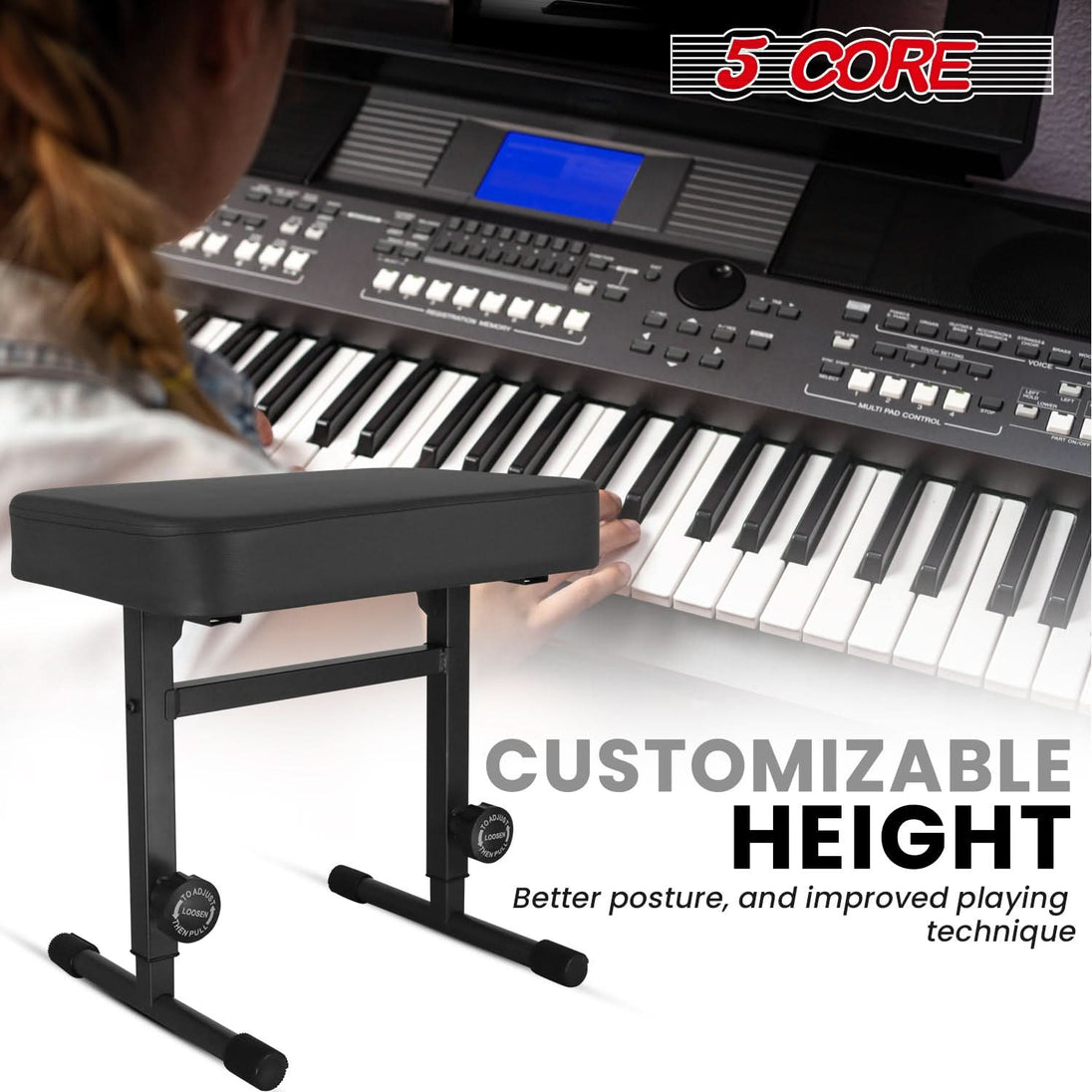 An easy-to-adjust keyboard piano seat, offering customizable height for optimal playing posture and comfort during practice sessions