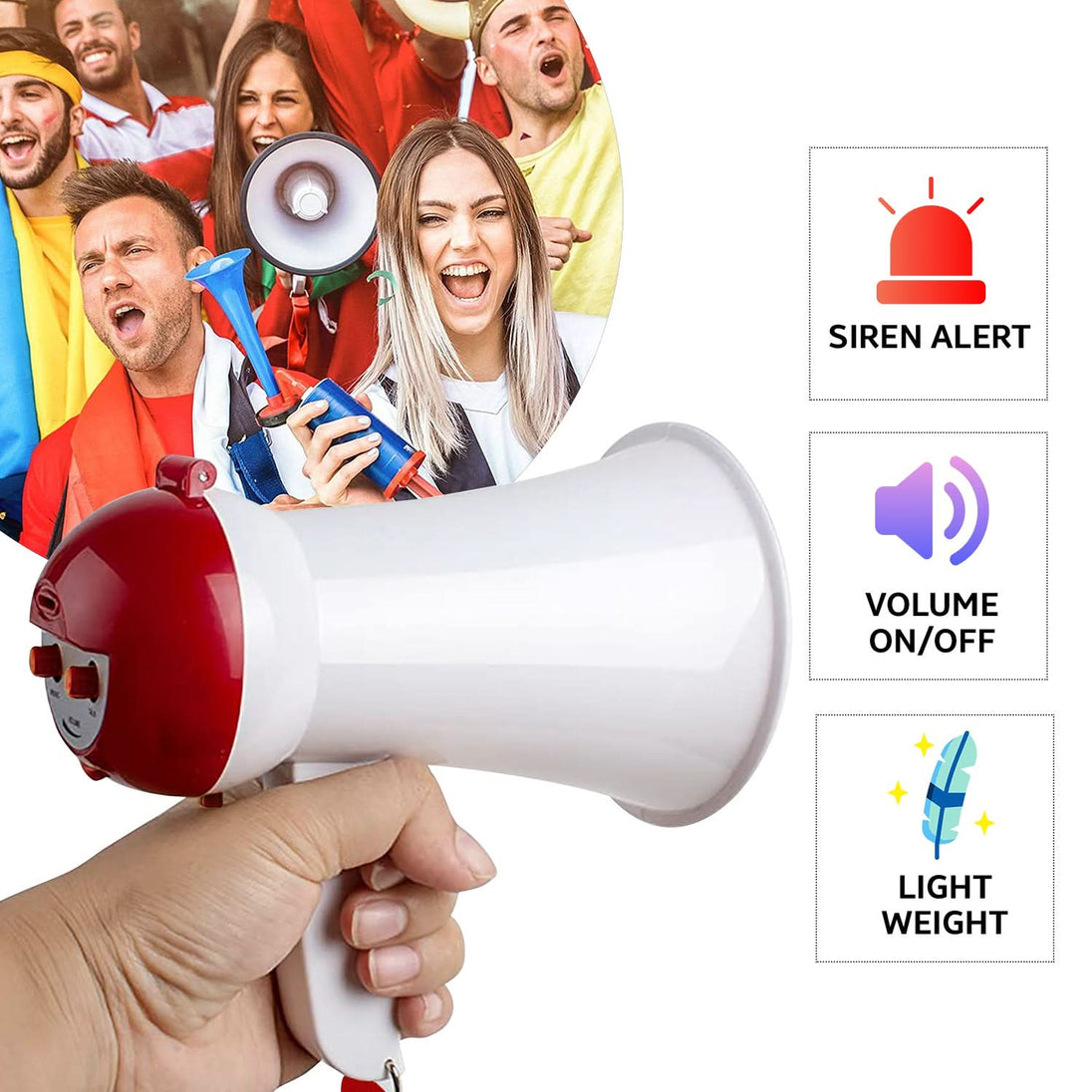 Loudspeaker with microphone, megaphone for kids and stadium horn use.