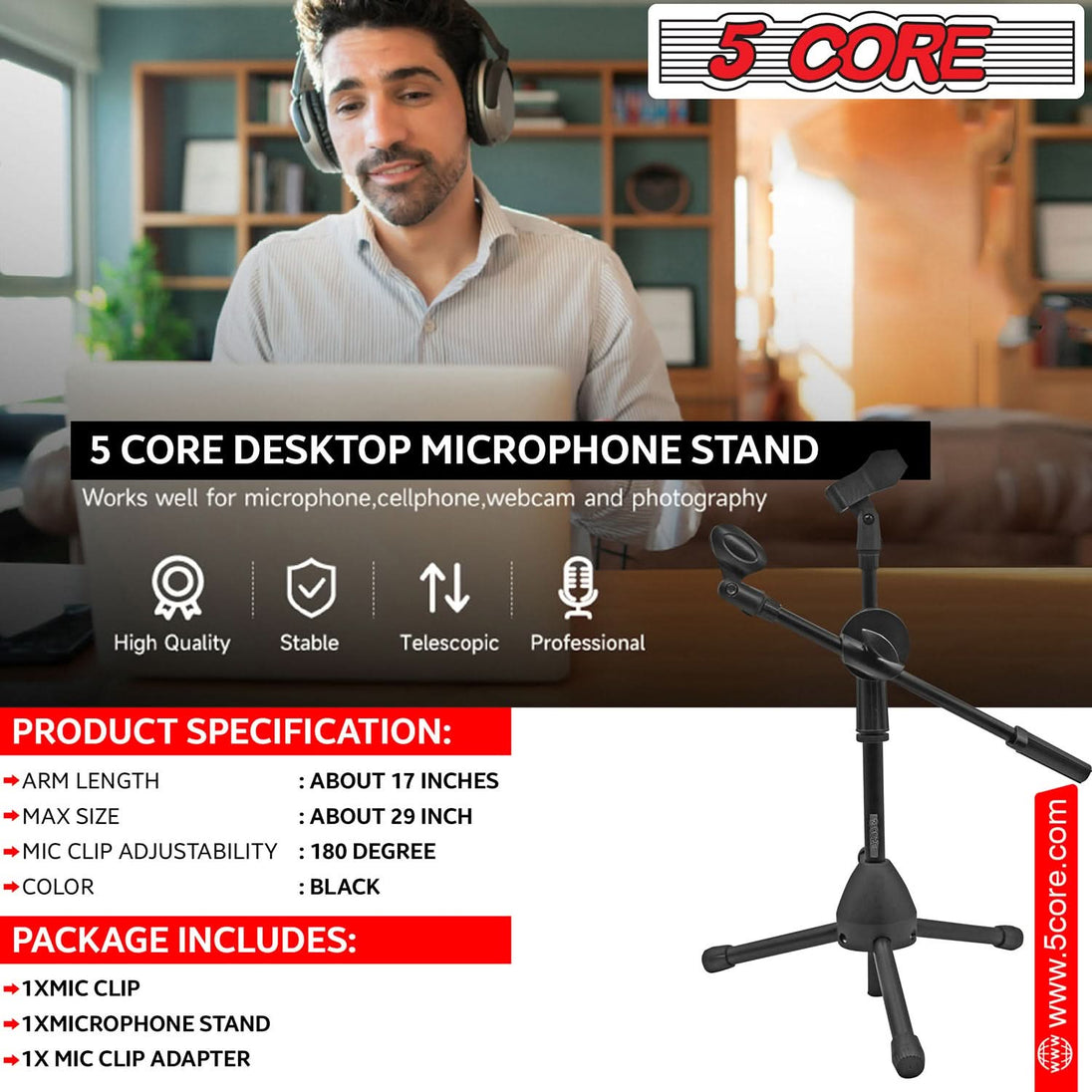 Height adjustable 5Core boom mic stand for recording and performance