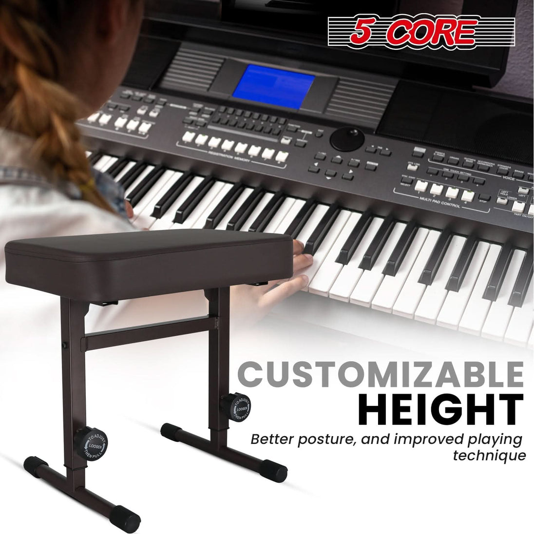 Keyboard bench with an easy knob adjustment feature, allowing seamless height customization for optimal playing comfort