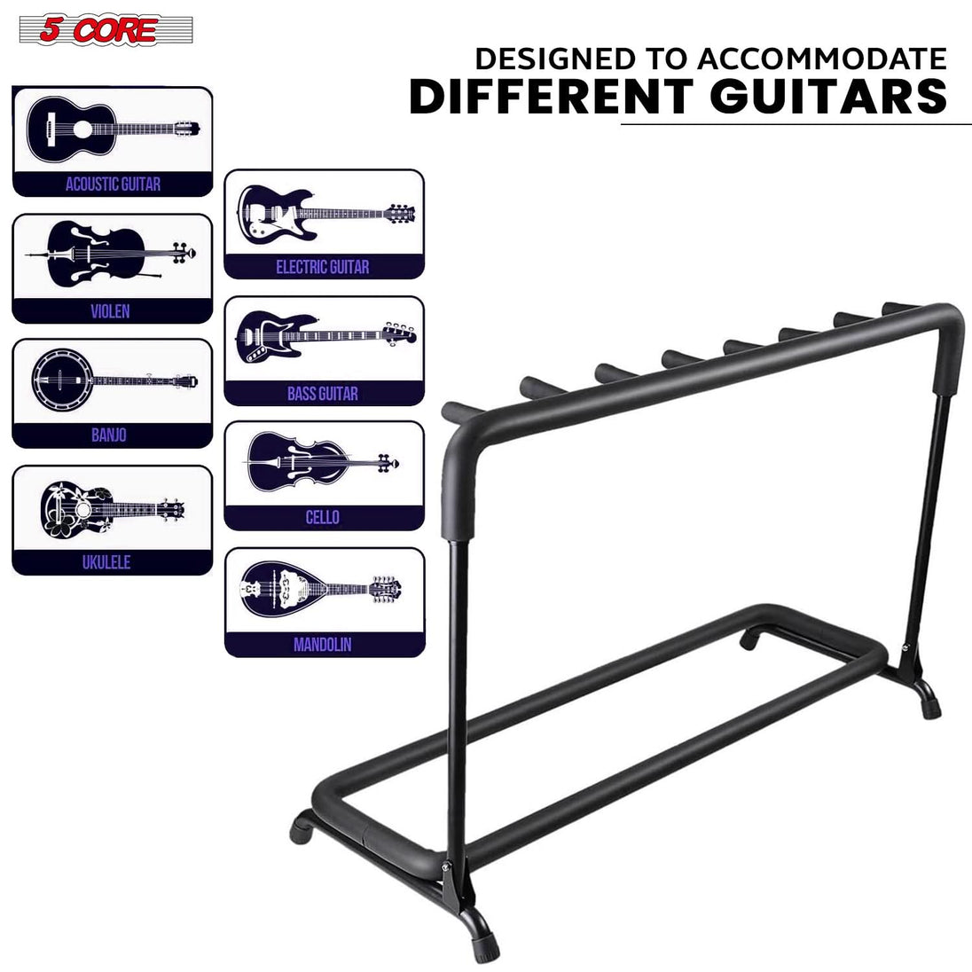 Double guitar stand, multiple guitar stand, and guitar accessories kit for guitar storage.