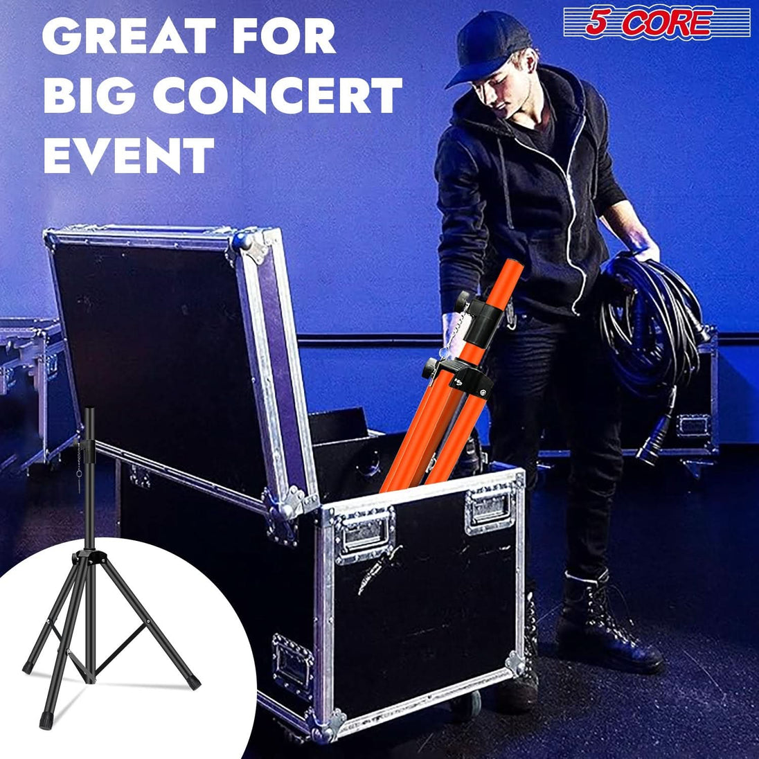 5Core speaker stand pair, adjustable up to 48 inches, black tripod, DJ studio monitor pole mount