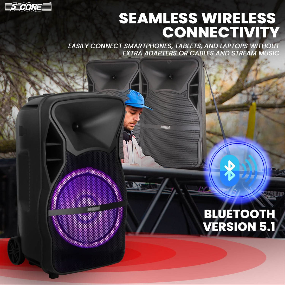 Portable sound system equipped with wheels and a handle for easy transportation and mobility