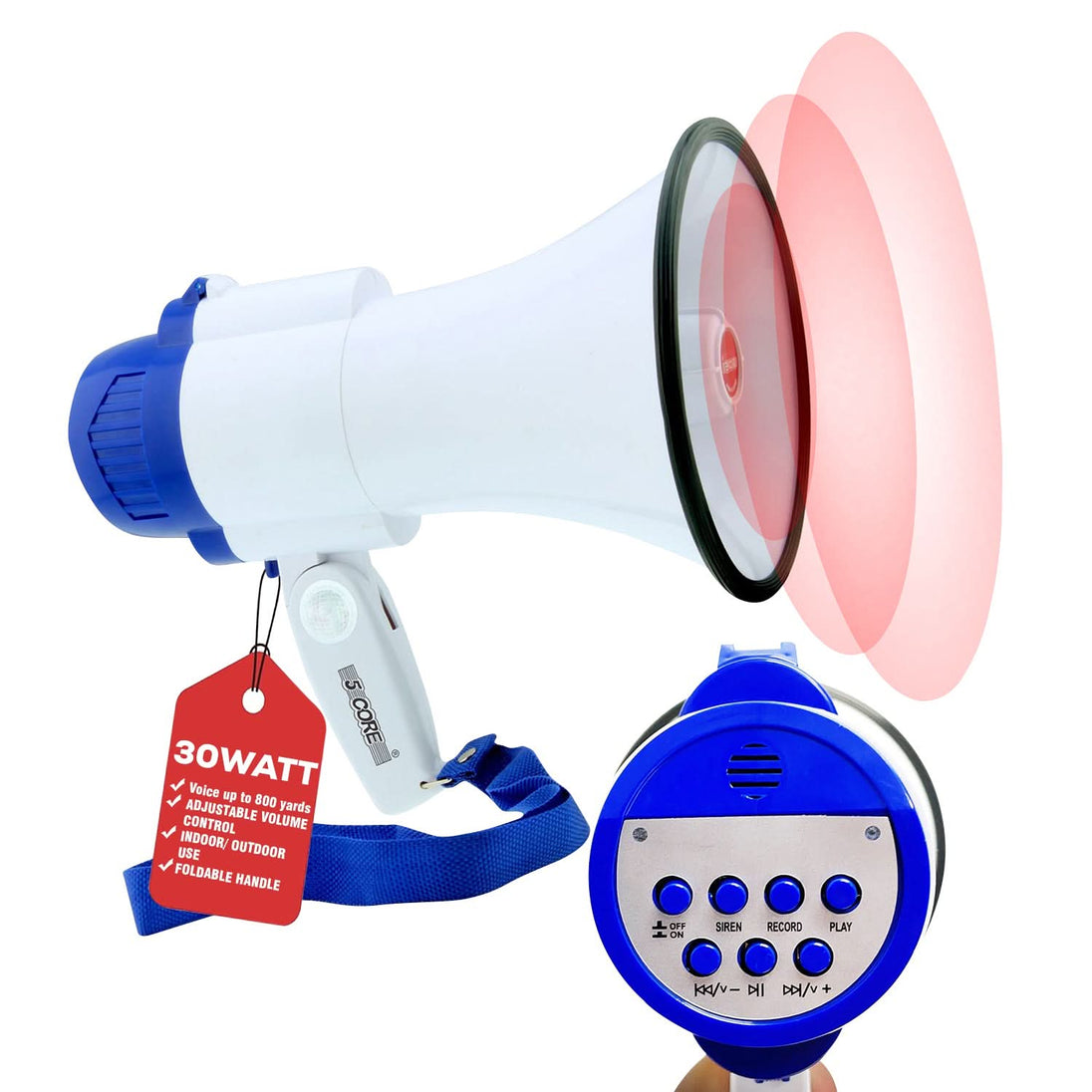 5Core megaphone with siren, mini bullhorn, and loudspeaker for 800 feet range.