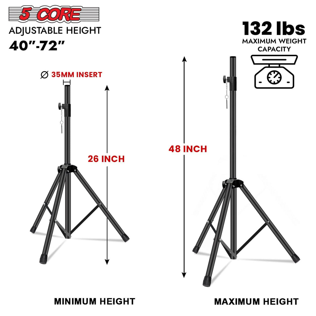 5Core black adjustable speaker stand, tripod, 48 inches, DJ studio monitor stands, pair
