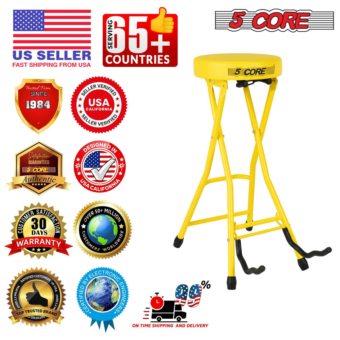 5Core Guitar Stool 3.15" Padded Chair Foldable Heavy Duty Music Seat Built in Foot Rest Guitar Stand