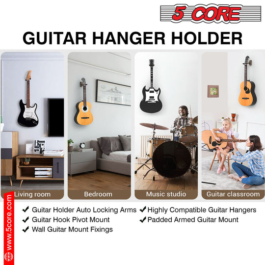 5Core wooden guitar hanger providing safe vertical wall storage