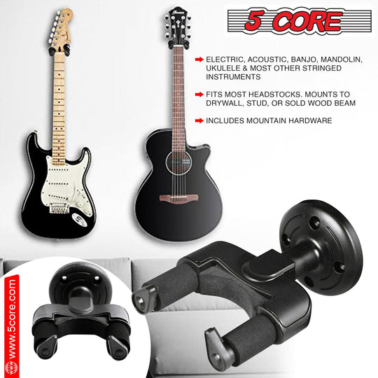 Guitar Wall Mount Hangers by 5 Core - Soft Padded Rotatable Hook