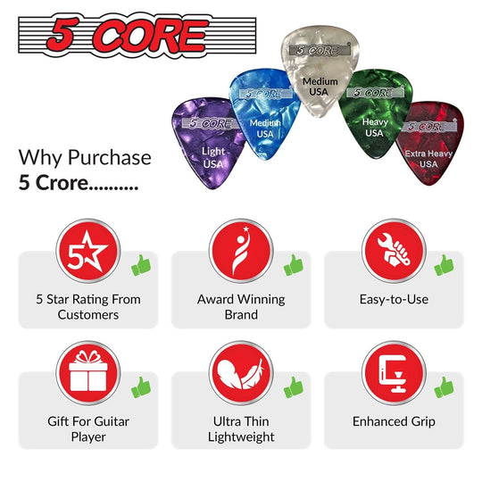 5 Core Guitar Picks Pack Celluloid Medium Heavy Gauges