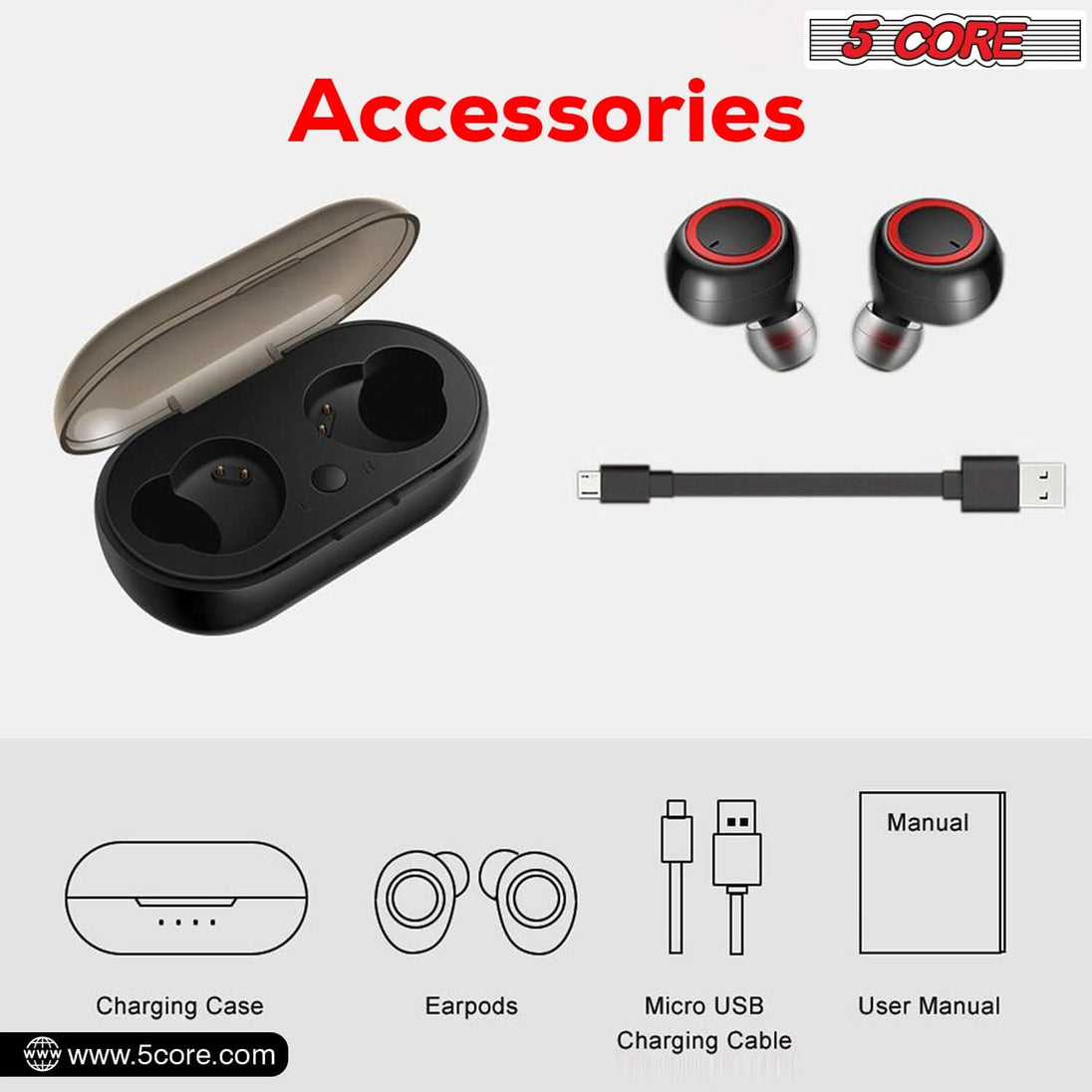 Long Battery Life - 5 Core Mini Wireless Earbuds, Bluetooth Headphones, IPX8