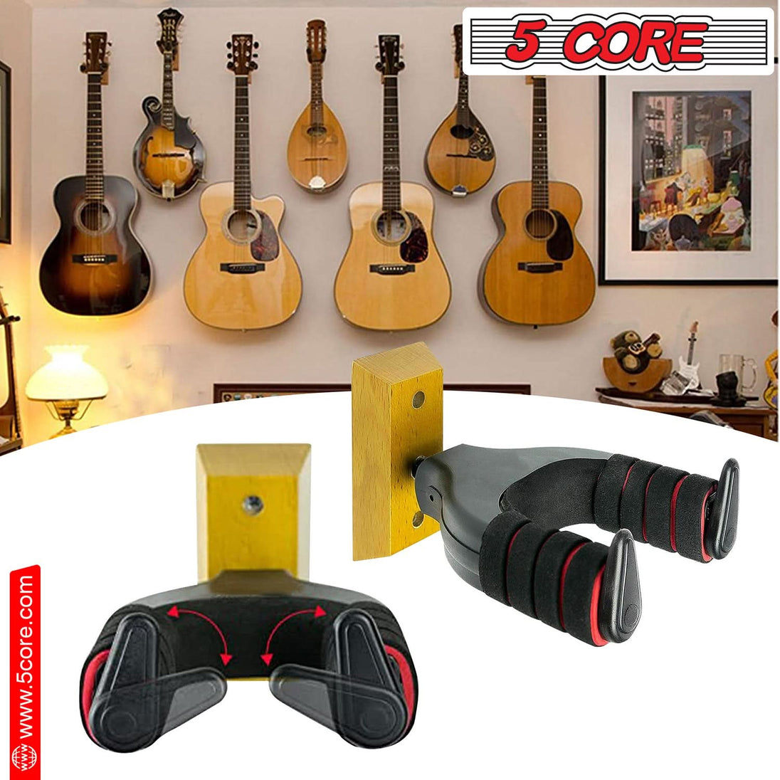 Soft Padded Guitar Wall Mount Hangers - 5 Core Adjustable Hook with Hardwood Base