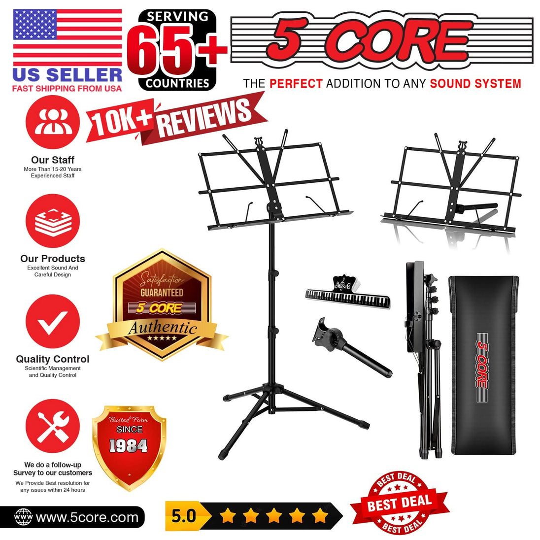 5Core Music Stand For Sheet Music Portable Tripod Adjustable Folding Note Holder BLACK