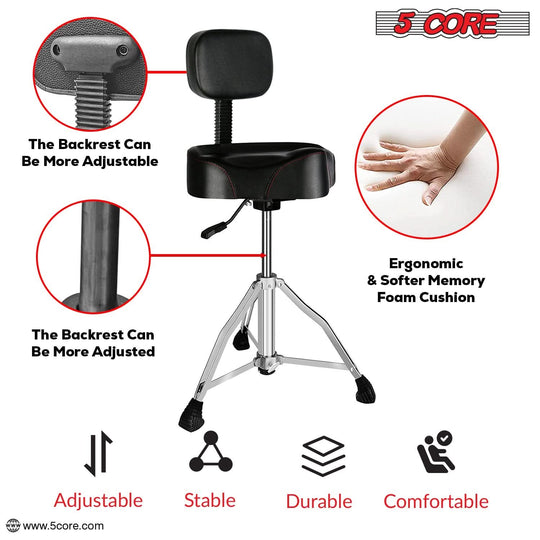 Adjustable, comfortable, stable, durable throne chair designed for drummers, offering superior support and flexibility.