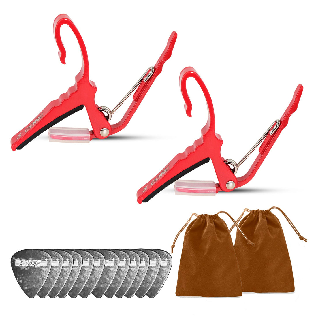 5 Core Guitar Capo Pair Quick Change Acoustic Electric String Clip Banjo Mandolin Or Ukulele Red