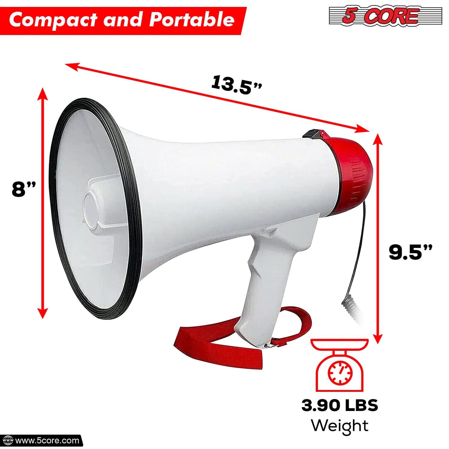 A lightweight, ergonomic bullhorn megaphone designed for easy carrying and long-lasting comfort.