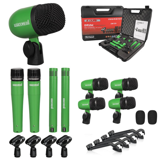 5 Core Drum Microphone Kit 9Pc All Metal Drummer Mics Tom/Snare & Cymbals Wired Instrument Drums Set