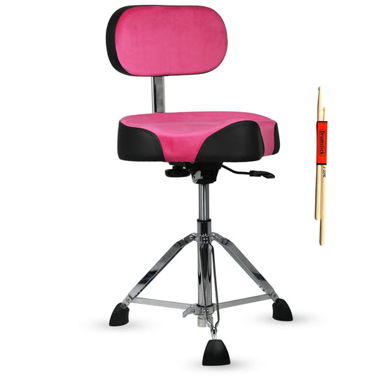 Pink and black drum chair with a pair of drumsticks