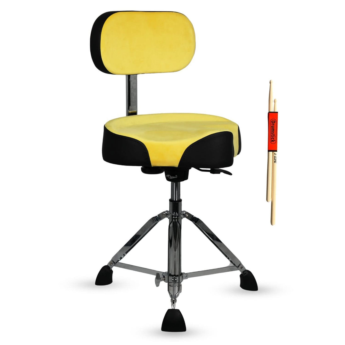 Yellow drum throne with black accents and a pair of drumsticks 