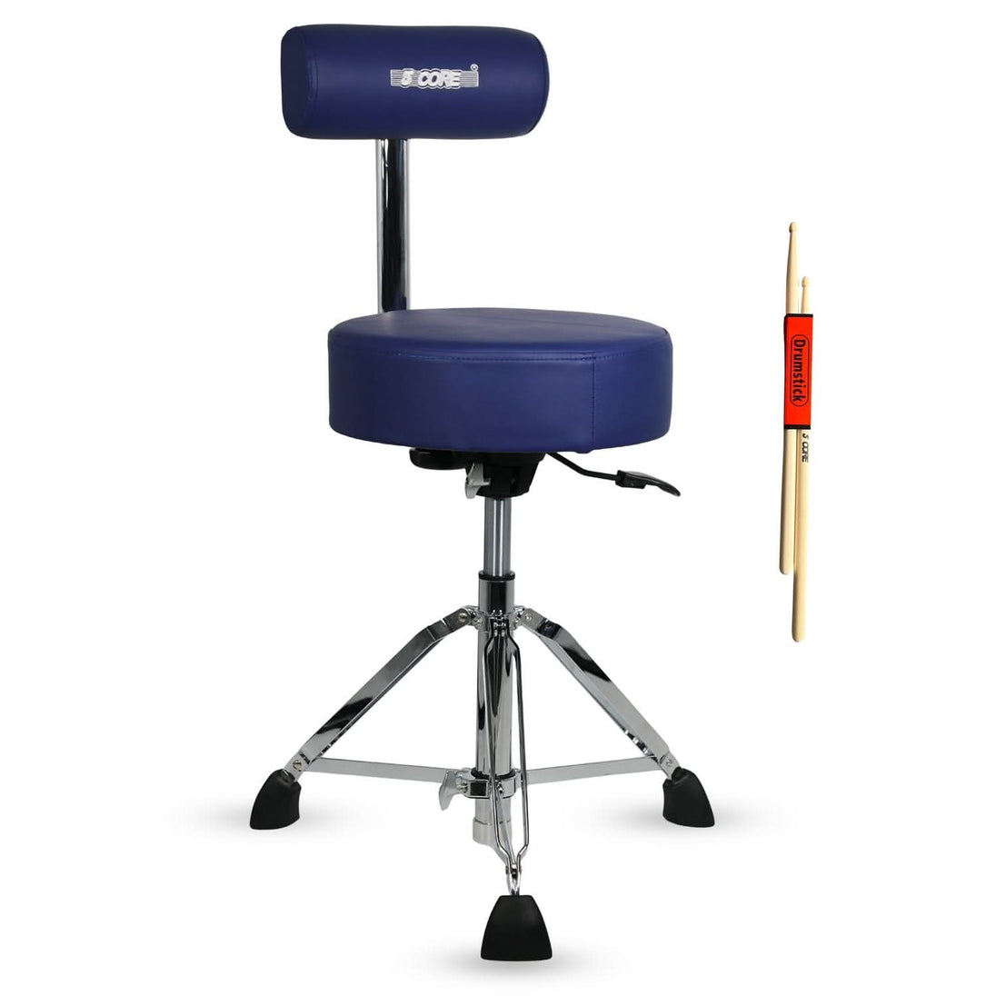 Blue drum stool with a backrest and two drumsticks