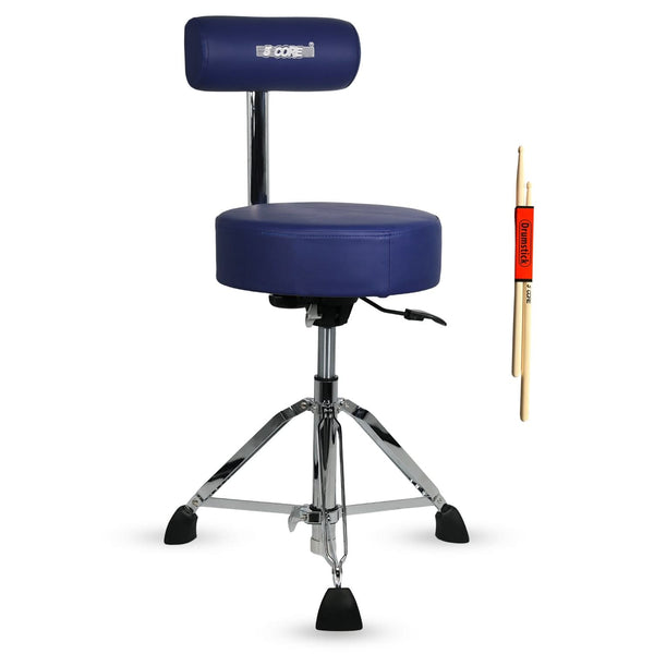 Blue drum stool with a backrest and two drumsticks
