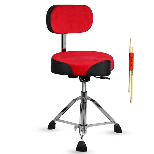 Red and black drum chair with a pair of drumsticks 