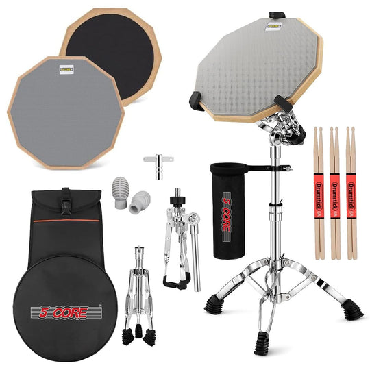 5 Core Drum Practice Pad Set 12" Adjustable Snare Drumming Stand Double Sided Silent Drummer Kit