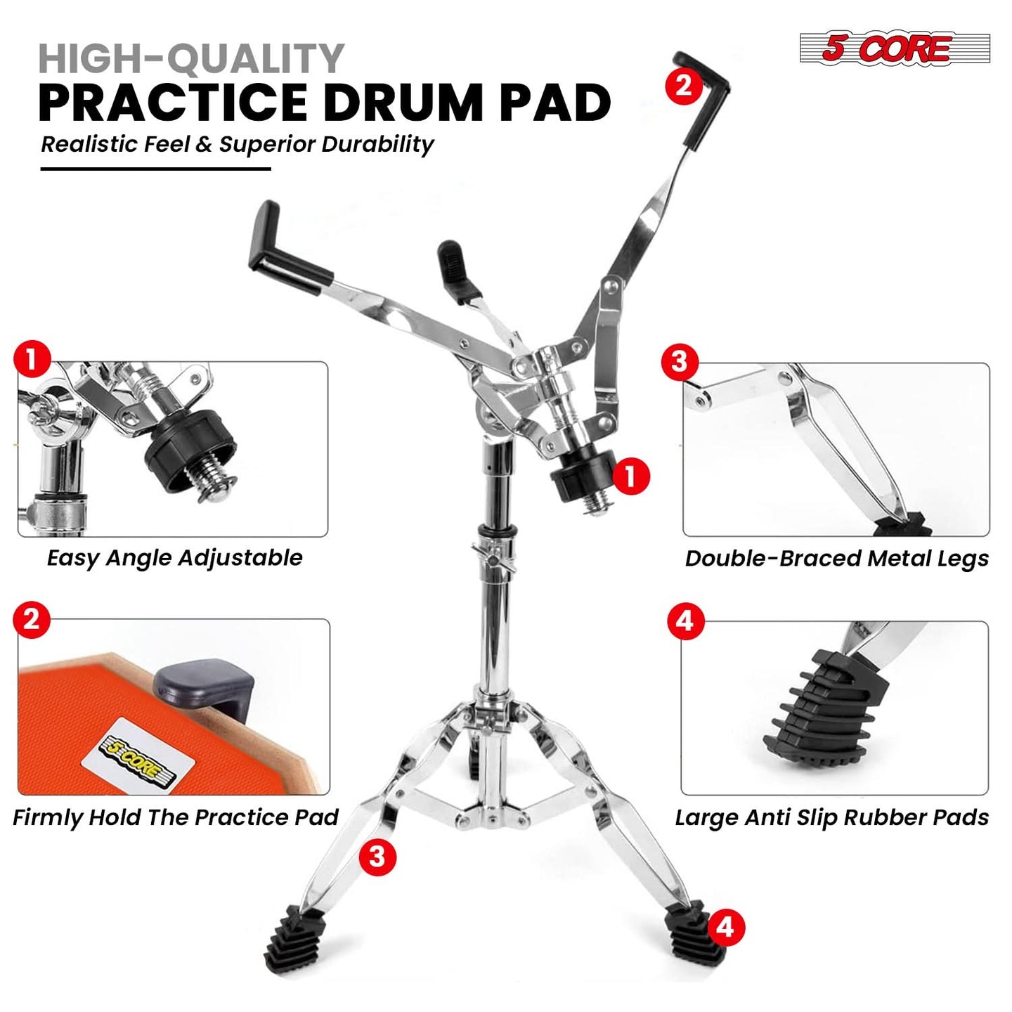 The drum practice pad features double-braced metal legs, an angle-adjustable design, and a firm hold with anti-slip rubber pads