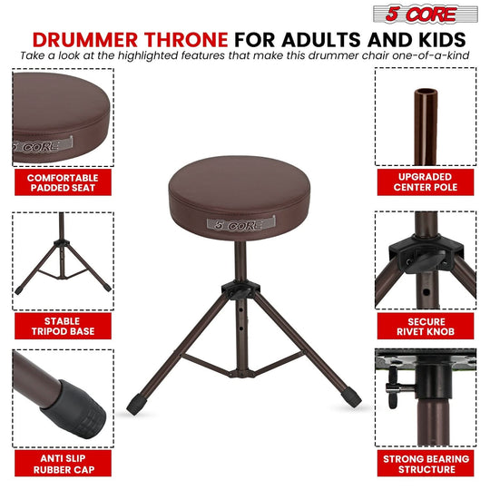 Professional drum throne with padded seat, adjustable height, and sturdy base, designed for comfort and stability during drumming.