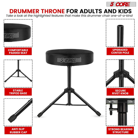 Professional drum throne with cushioned seat and sturdy base for drummers. Adjustable height for comfort and stability.