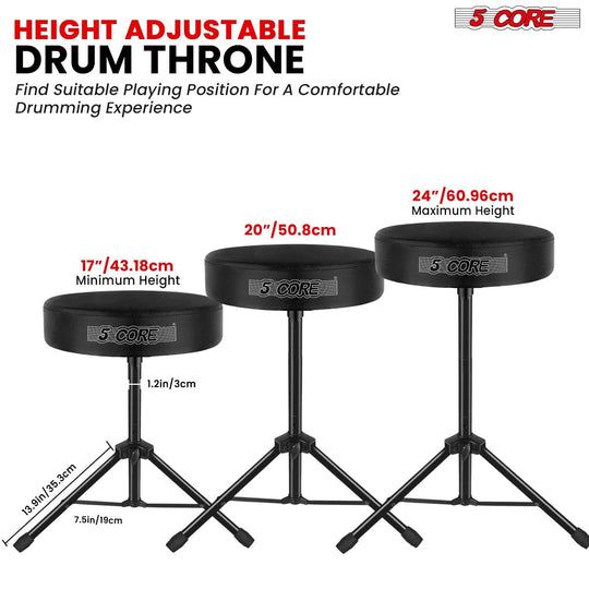 Adjustable height drum throne with cushioned seat and sturdy tripod base for drummers.