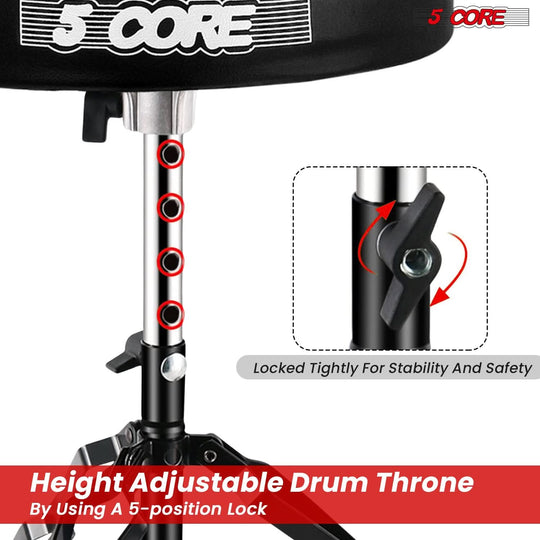 Premium drum seat with adjustable height and lock, reinforced metal legs, and thick padding for superior comfort.