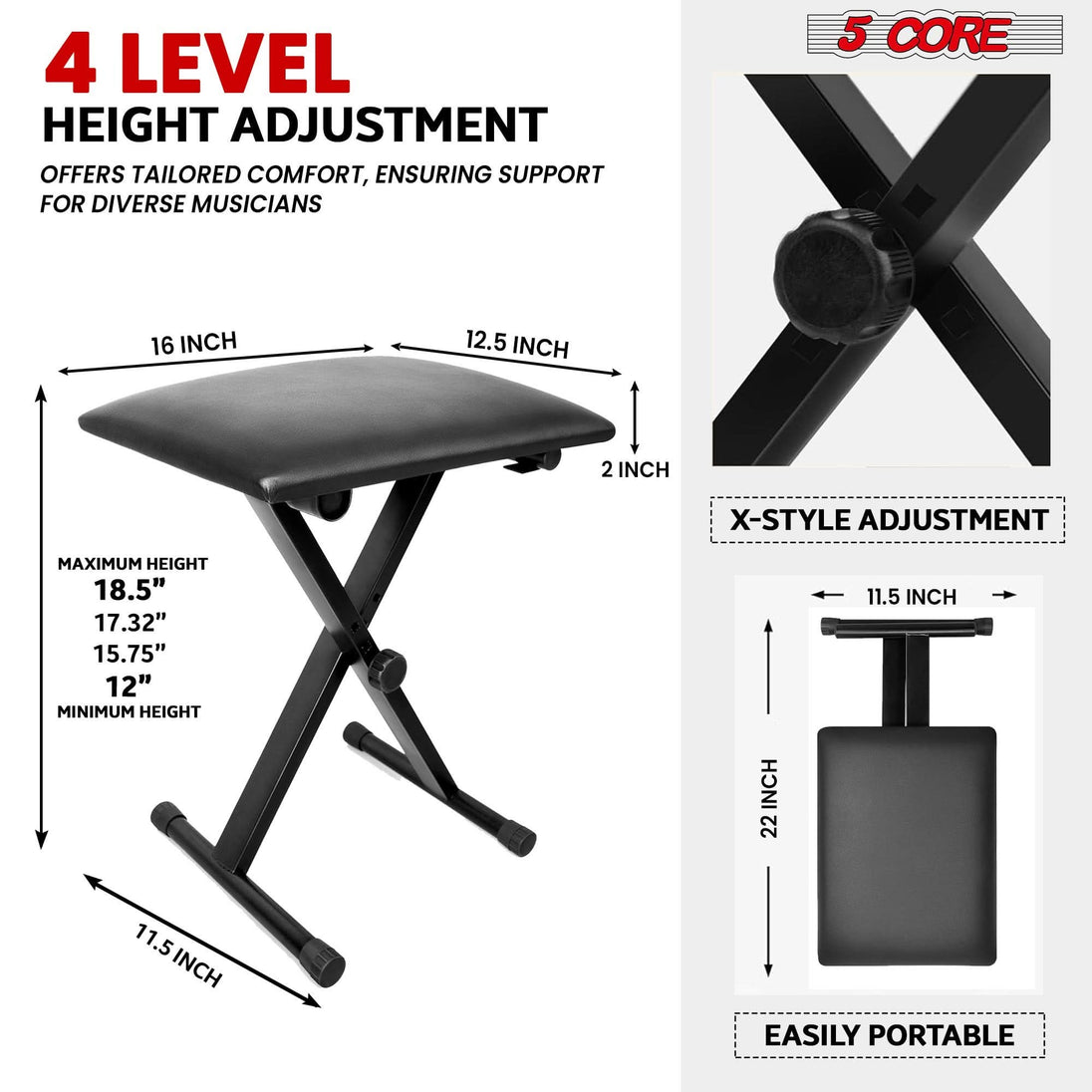 5Core adjustable double X frame keyboard stand with sturdy piano bench for electric pianos