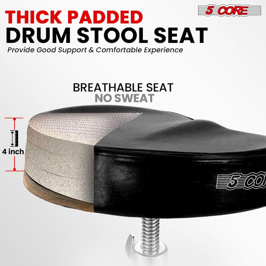 Adjustable black saddle-style drummer seat padded stool by 5Core