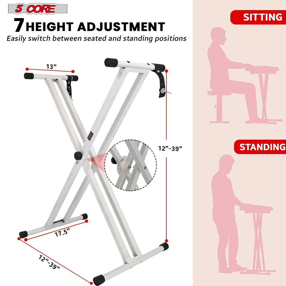 Adjustable double X style piano stand with bench 5Core WHITE