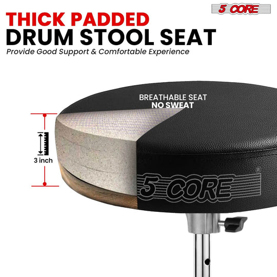 5Core black padded drum throne, adjustable guitar stool, drummer seat for adults and kids