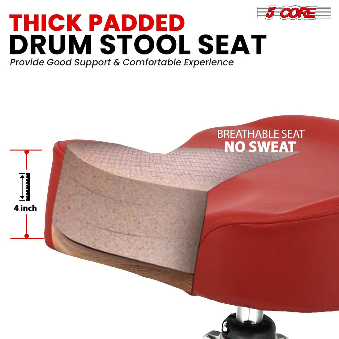 5Core red drum throne with padded seat and backrest for drummers