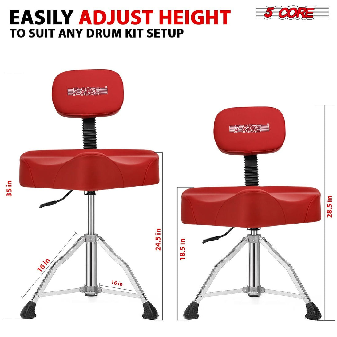 Adjustable red drummer stool with backrest by 5Core for kids and adults