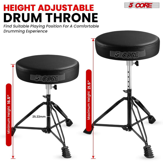 5Core adjustable black drum throne, padded guitar stool, drummer seat for all ages