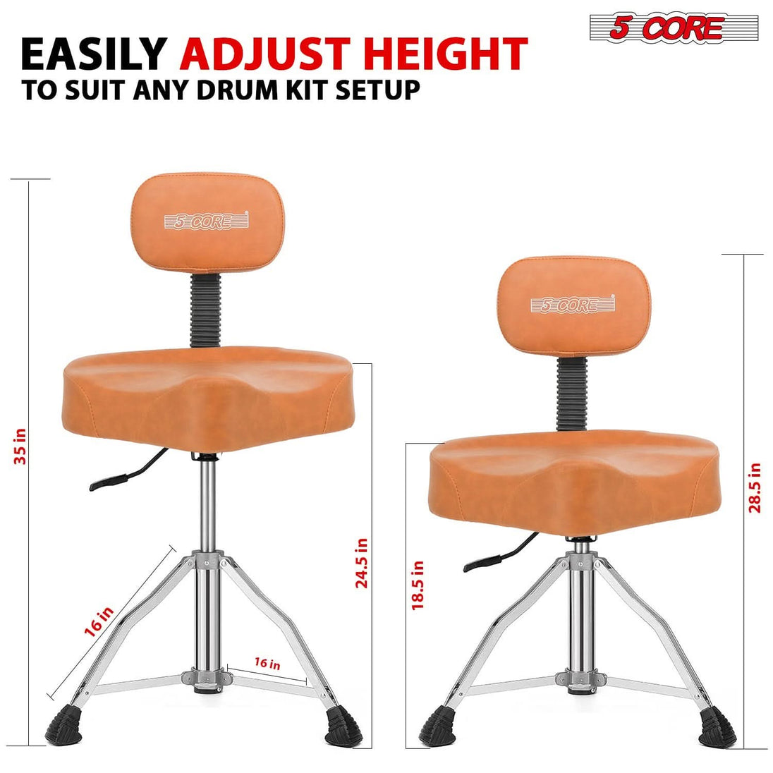 5Core brown drum throne with padded seat and backrest for drummers of all ages