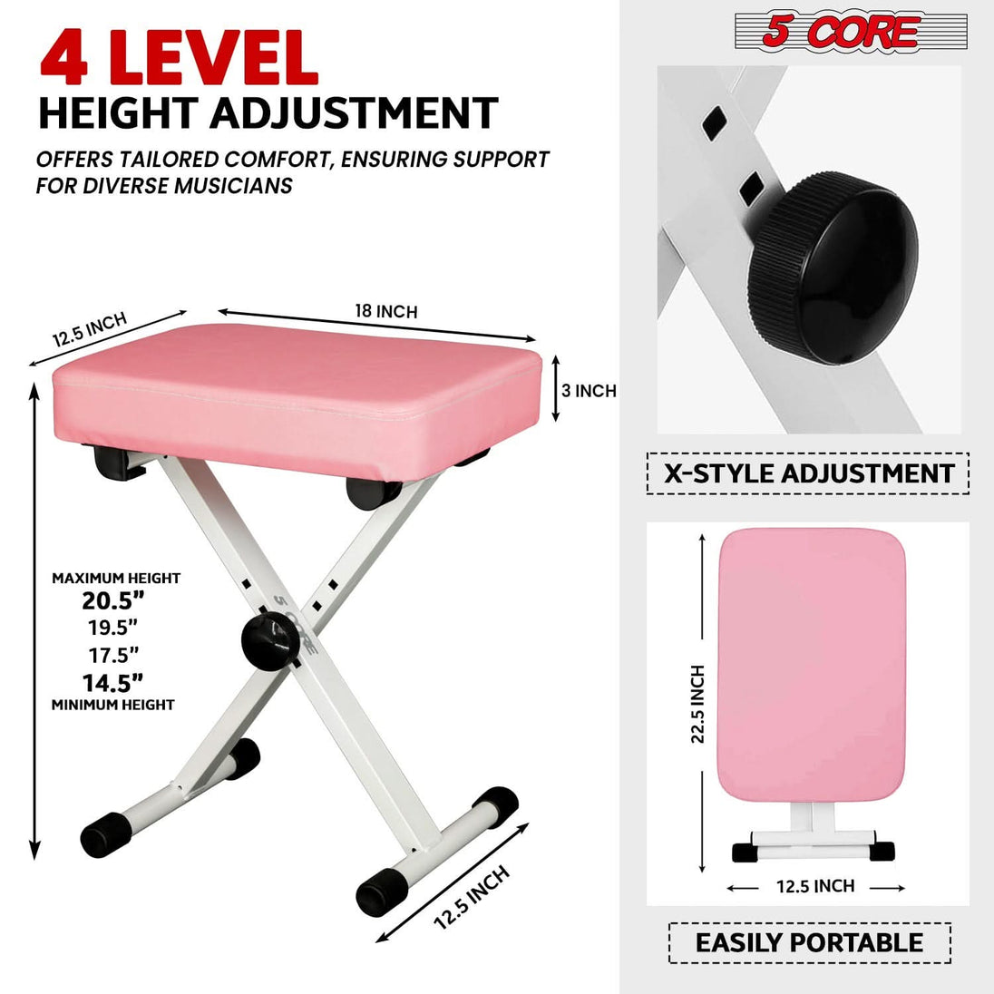 PINK 5Core double X piano riser with adjustable stand and bench