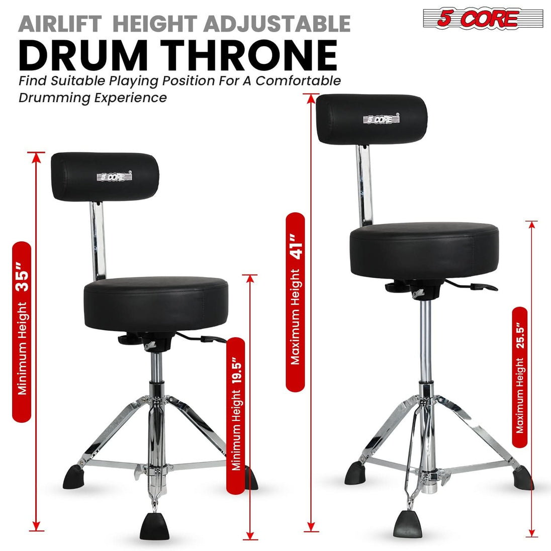 5 Core Drum Throne w Backrest 4" Padded Stool Airlift Adjustable 25.5" Drummer Chair 441Lb Capacity