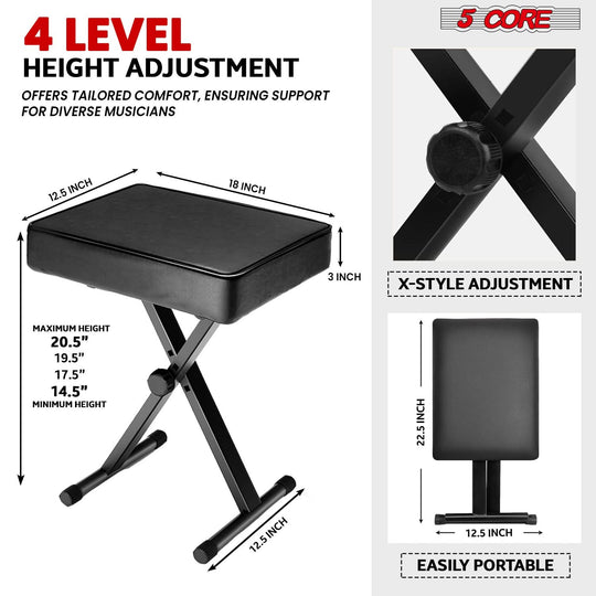 Close-up view of 5Core keyboard stand adjustable z style piano riser black + keyboard piano bench black - 5Core branding