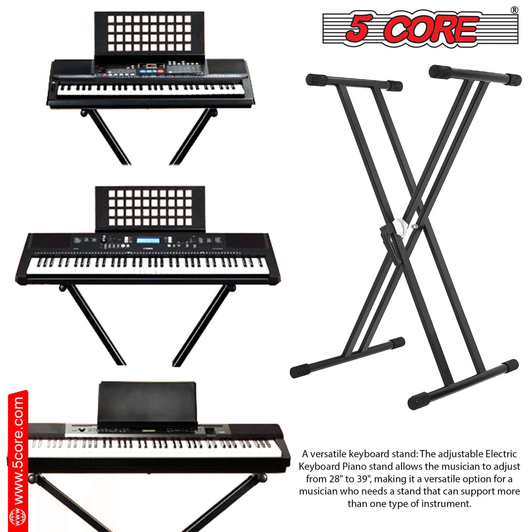 Adjustable 5Core keyboard stand with double X style and piano bench for 49 to 88 keys