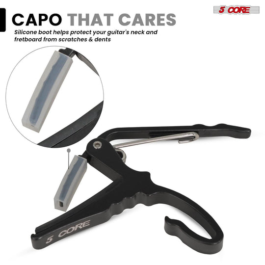 Complete 5Core capo set with colorful picks and convenient carry pouch