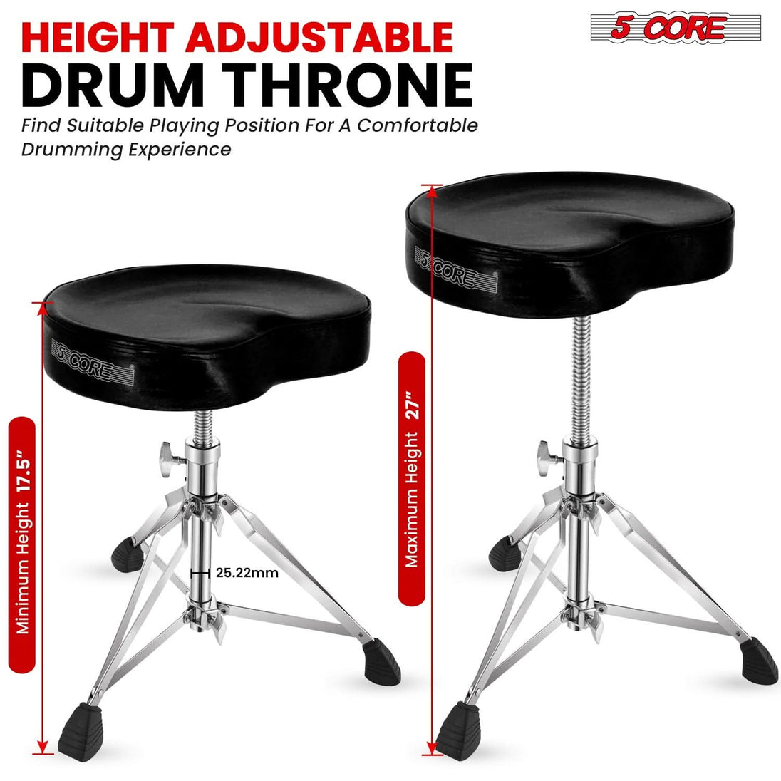 Black saddle-style padded drum throne for adult and kid drummers by 5Core