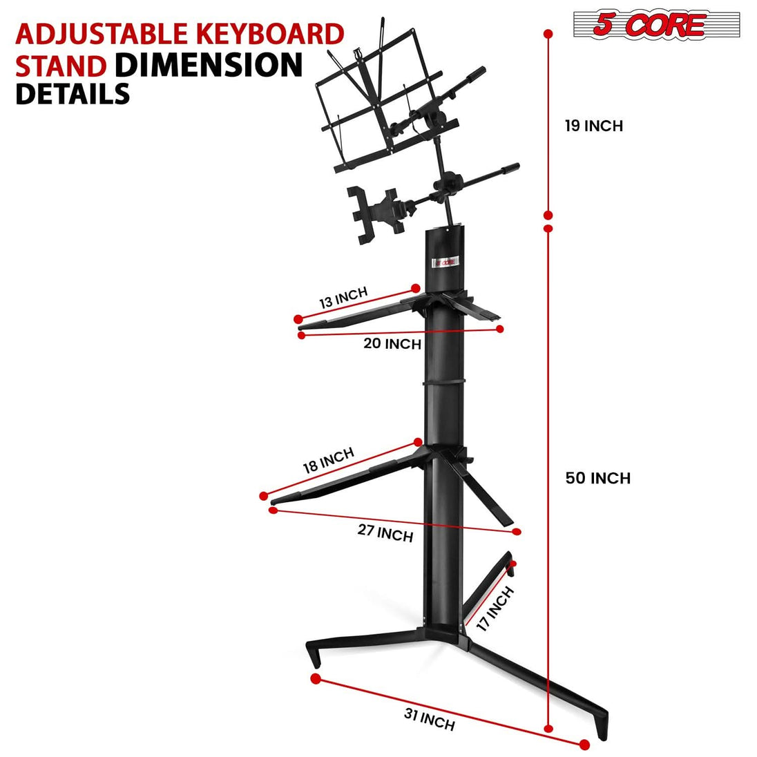 Durable 5Core stand for two keyboards with non-slip support arms