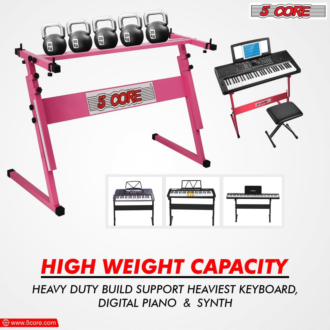 5Core adjustable Z style piano stand and bench pink color