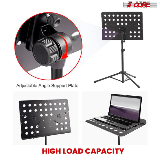 Compact black 5Core folding tripod music stand adjustable height
