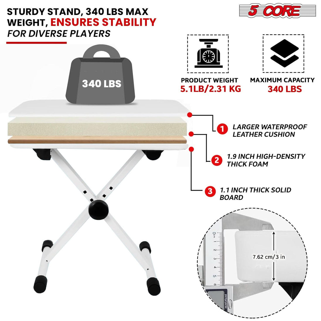 Double X style 5Core piano riser with adjustable bench WHITE