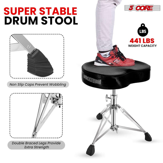 Ergonomic black padded saddle seat drum throne by 5Core